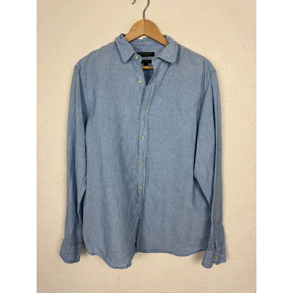 Banana Republic 100% Linen Shirt Mens Large Blue Slim Fit Button Down